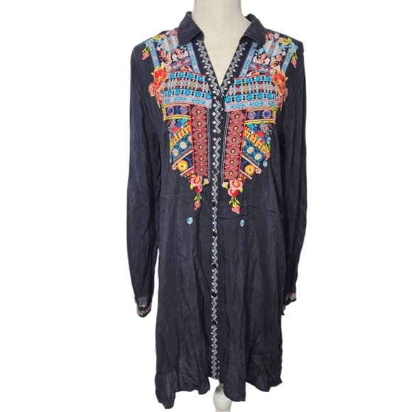 Johnny Was Blue Button Down Embroidered Long Sleeve Shirt Dress Sz Small - Picture 1 of 12